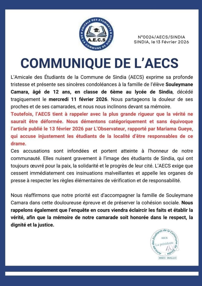 MORT D'UN ELEVE AU LYCEE DE SINDIA : L'amicale des étudiants de la localité dément toute implication MORT D'UN ELEVE AU LYCEE DE SINDIA : L'amicale des étudiants de la localité dément toute implication