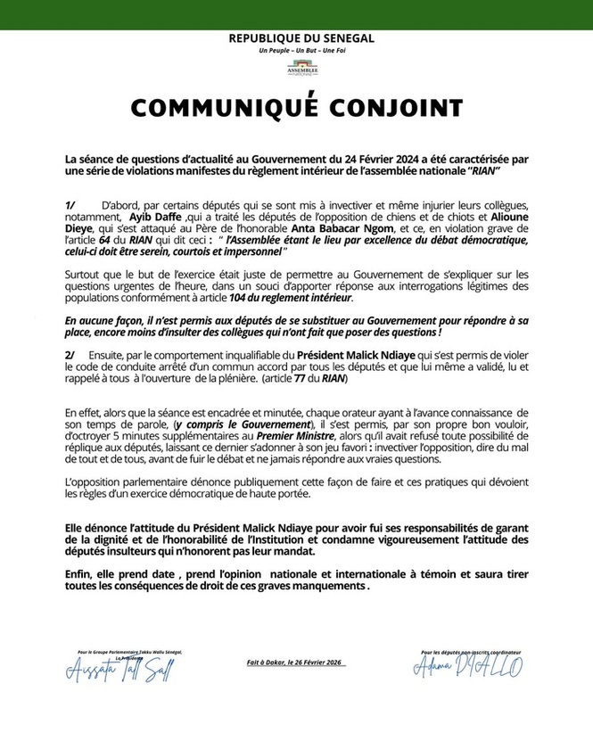 ASSEMBLEE NATIONALE : Les députés de l'opposition chargent le président El Malick et la majorité