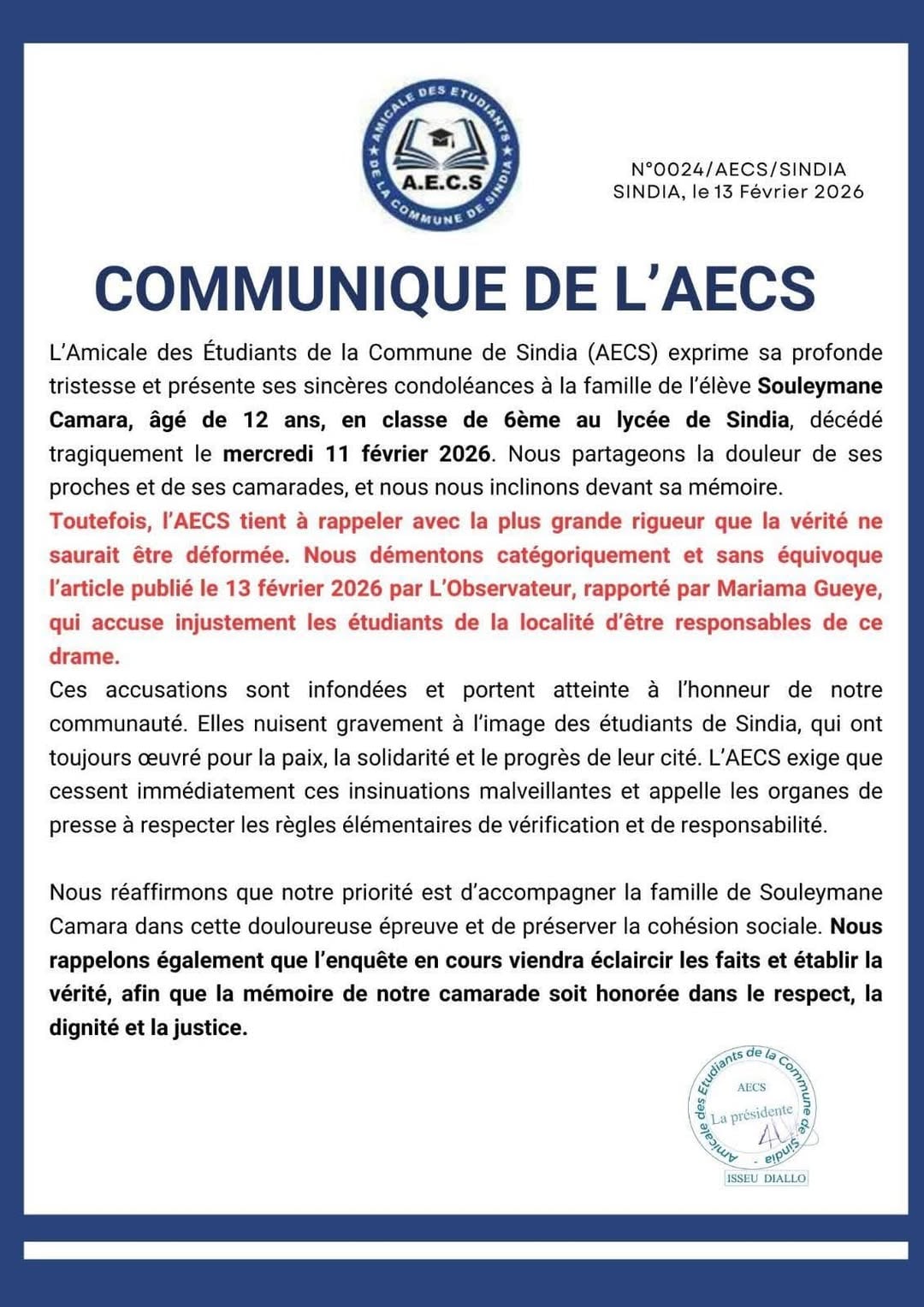 MORT D'UN ELEVE AU LYCEE DE SINDIA : L'amicale des étudiants de la localité dément toute implication