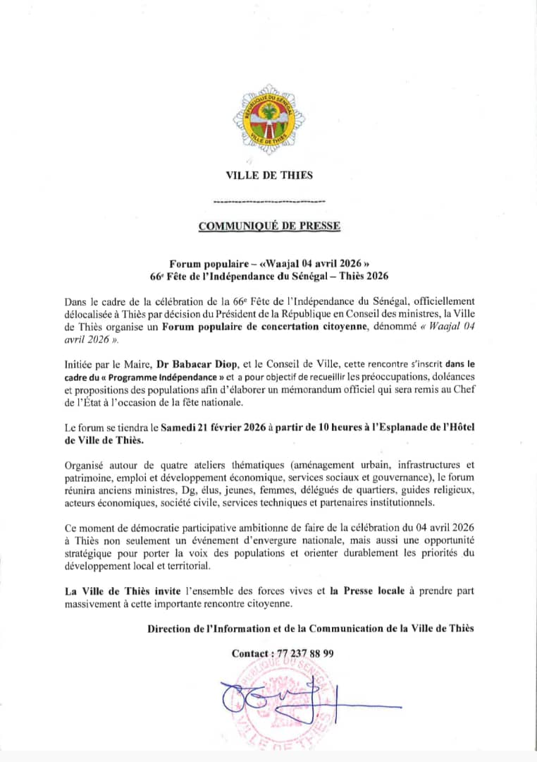 THIES : La mairie organise un "forum populaire" pour préparer la fête de l'indépendance