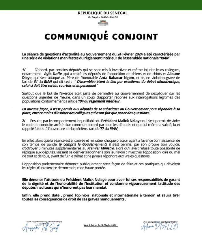 ASSEMBLEE NATIONALE : Les députés de l'opposition chargent le président El Malick et la majorité